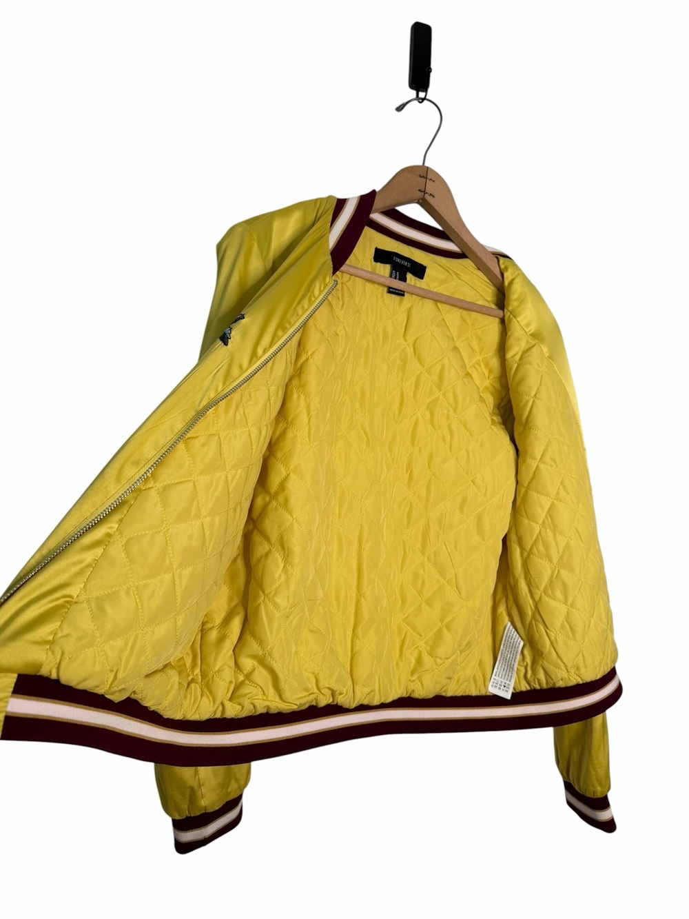 Forever 21 Yellow Satin Embroidered Bomber Jacket Size Medium - Picture 4 of 11